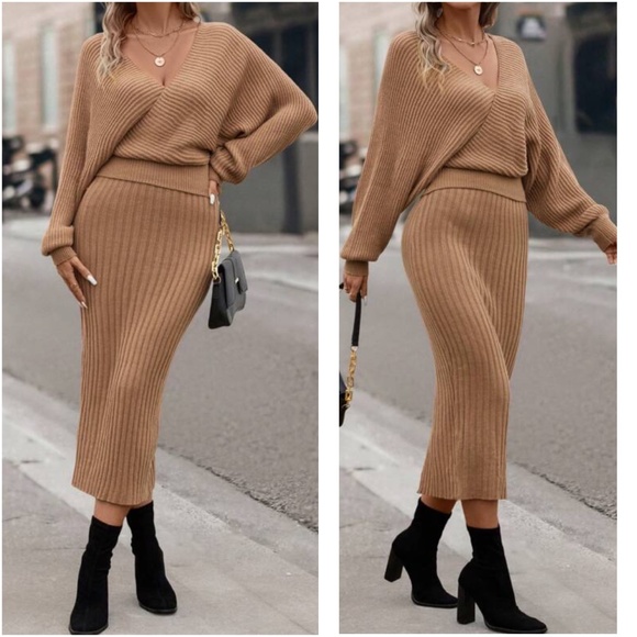 BellanBlue Dresses & Skirts - Classic Surplice Ribbed Sweater Top Skirt Set